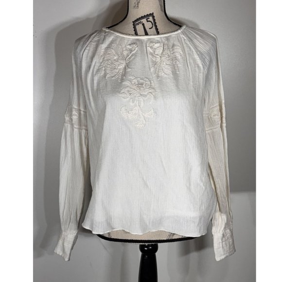 JOIE Mitney Embroidered Peasant Blouse Lined Damask Floral White Cotton Size S - Picture 1 of 5